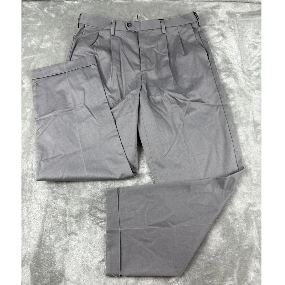 Croft & Barrow Mens Grey Pleated Cuffed Cotton Twill Dress Pants 34x30